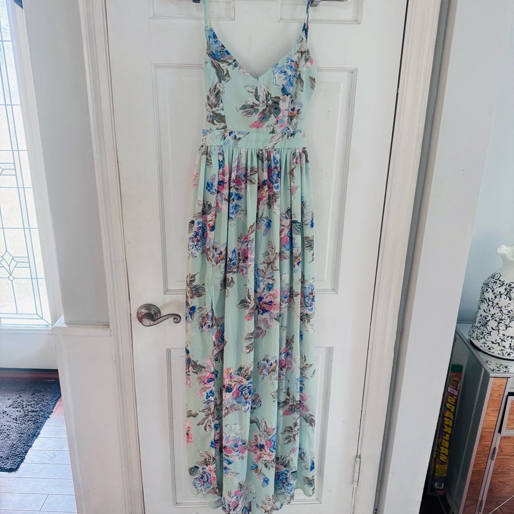 Sage Green Floral Maxi Dress High Slit Cottagecore Romantic Slip Dress S - Picture 4 of 10